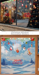Close-up of Santa and snowman electrostatic window decals for festive shop decoration
