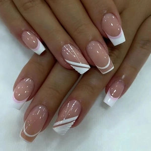 Press On Nails French Tip Nude White Geometric Line Artificial False Finger Nails Sweet Simple Style Square Shape Lady