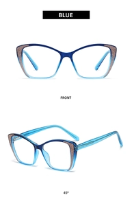 Blue cat eye glasses frame with glitter accents shown in front and 45 degree views
