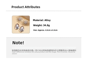 Detail showing four-piece silver alloy sunburst earring set with size and weight parameters