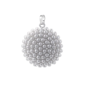 Macro view of a spherical pendant made of polished white pearls with silver metal loop