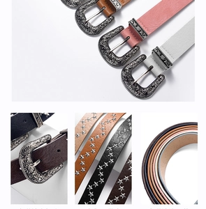 Detail of vintage star studded PU leather belt with decorative metal buckle in four colors