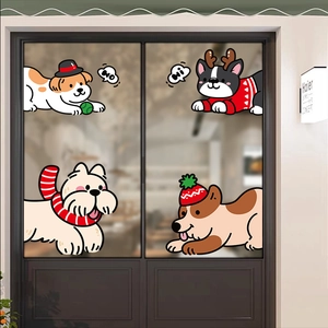 Stickers Fenêtre Noël Adhésif Statique PVC Chien Dessin Animé Autocollants Décor Verre Fête Double Face Pour Boutique Maison