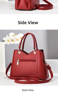 Detailed side and back view of red lychee pattern leather tote bag with gold hardware