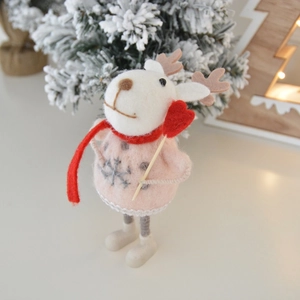 Handmade wool felt Christmas reindeer plush doll in pink sweater and red scarf ornament