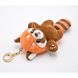 Cute orange plush red panda keychain with golden metal hook on white background