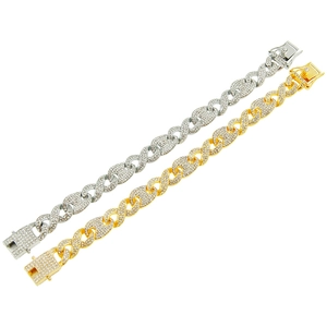 Men's hip-hop Cuban link bracelets in gold and silver finish with sparkling rhinestones