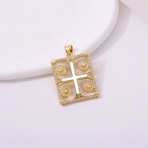 Religious gold cross pendant with white inlay, sparkling crystals, and pearl accents