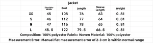 Detailed size chart for women's professional blazer set with measurements in centimeters