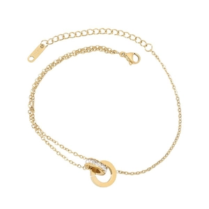 Double-layered gold titanium steel anklet featuring interlocking rhinestone-set rings