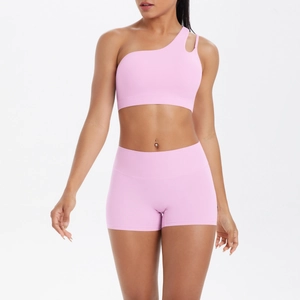Pink one-shoulder sports bra and high-waist shorts set for fitness and yoga