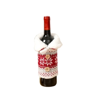 Knitted Christmas wine bottle cover with faux fur collar and snowflake buttons
