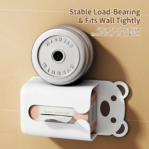 Wall-mounted white bear tissue box with strong load-bearing capacity and no-drill design