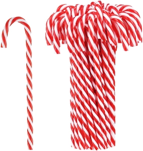 Detailed view of red and white spiral acrylic candy cane Christmas tree hanging ornaments