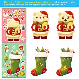 Detail of Christmas DIY stickers showing cartoon bear and stocking pieces for festive decor