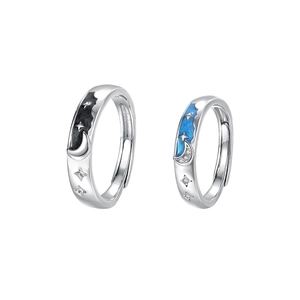 Star and Moon S925 sterling silver couple rings with blue and black enamel details