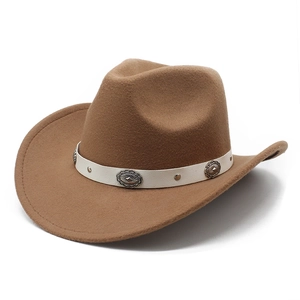 Brown western cowboy hat with white decorative band and vintage metal accents