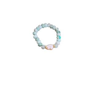 Minimalist pearl amazonite beaded ring with baroque pearl and golden spacers on white