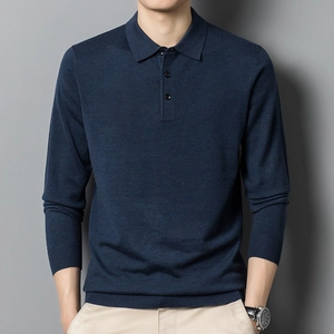 Men's navy blue long sleeve knit polo sweater with ribbed collar and three-button placket