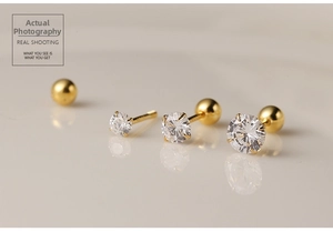Detailed comparison of three gold-plated zircon stud sizes with secure screw back design