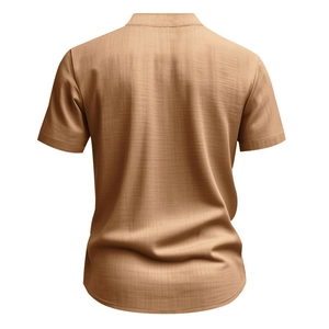Back view of men's short sleeve linen shirt in camel color showing fabric texture