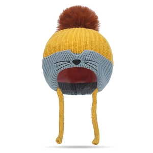 Yellow and grey knitted kids hat with earflaps and cute cat embroidery and pompom
