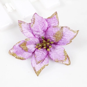 Artificial purple Christmas poinsettia flower with gold glitter edges and green stamens