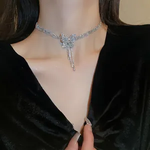 Collier Papillon À Franges Cuivre Zircon Strass Multi Rangées Choker Étincelant Élégant Bijoux Femmes Couleur Argent À La Mode