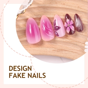 Almond shaped purple 3D floral handmade press-on nails with cat eye gradient and 24pcs set