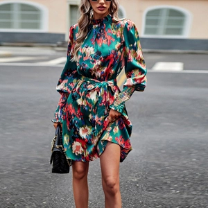 Abito Da Donna Con Stampa Astratta Maniche Lunghe Collo Alto Elegante Vita Con Fiocco Polsini Arricciati Abito Midi