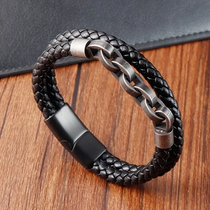 Men's vintage black braided leather bracelet with matte metal chain and magnetic clasp