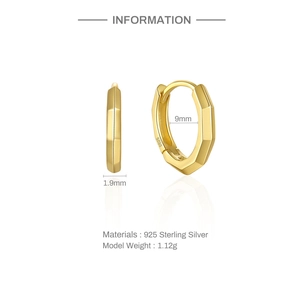 Close-up of 925 sterling silver geometric huggie earrings with gold finish and 9mm diameter
