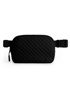 Detail of black quilted nylon belt bag featuring diamond stitching and adjustable strap