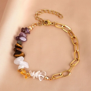 Natural Crystal Gravel Stainless Steel Bracelet Irregular Colorful Amethyst Tiger Eye Stone Jewelry For Women