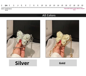 Detailed scale view of mini butterfly metal crossbody bags in gold and silver finishes