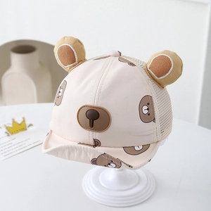 Breathable summer baby mesh cap with cute bear print and 3D ears on a white stand
