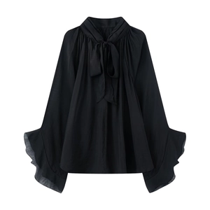 Elegant black long-sleeve blouse featuring a bow tie collar and ruffled bell sleeves