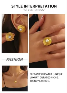 Detailed view of vintage gold-plated jewelry set with spiral texture and pearl pendants