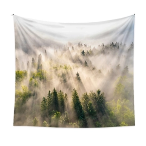 Forest tapestry with morning mist and sun rays for bohemian style wall decoration