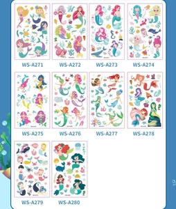 Set of 10 mermaid and sea creature temporary tattoos for kids featuring cute cartoon designs