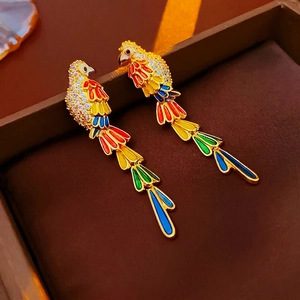 Parrot Bird Dangle Earrings With 925 Sterling Silver Earring Post Colorful Enamel Rhinestone Vintage Jewelry For Women