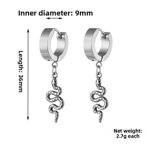 Detail view of silver stainless steel snake hoop earrings with size 36mm length and 9mm inner diameter