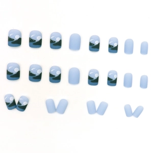 Matte light blue press-on nails with artistic mountain landscape painting and 24 pieces