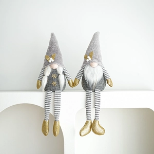 Grey and white Nordic Christmas gnomes with long legs and gold sequins decoration