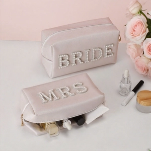 Makeup Bag PU Leather Artificial Pearl Rhinestone Letter Bride Mrs Wedding Travel Cosmetic Pouch Toiletry Organizer
