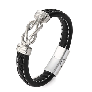 Mens black braided leather bracelet with silver metal infinity knot and magnetic buckle
