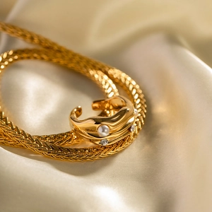 18k gold plated stainless steel C-shape open ring with pearl and rhinestone on silk