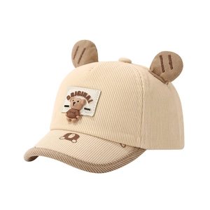 Cute beige corduroy baby baseball cap with 3D bear ears for toddlers aged 1-3 years
