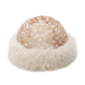 Detailed view of plush faux fur reindeer pattern winter hat with thick white fuzzy brim
