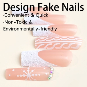 Winter Christmas fake nails with French white tips, 3D knit texture and snowflake rhinestones